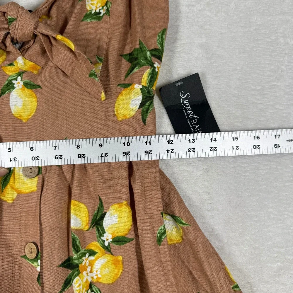 Sweet Rain Lemon Print Linen Blend Tie Front Mini Dress Tan Yellow Small - Picture 4 of 13